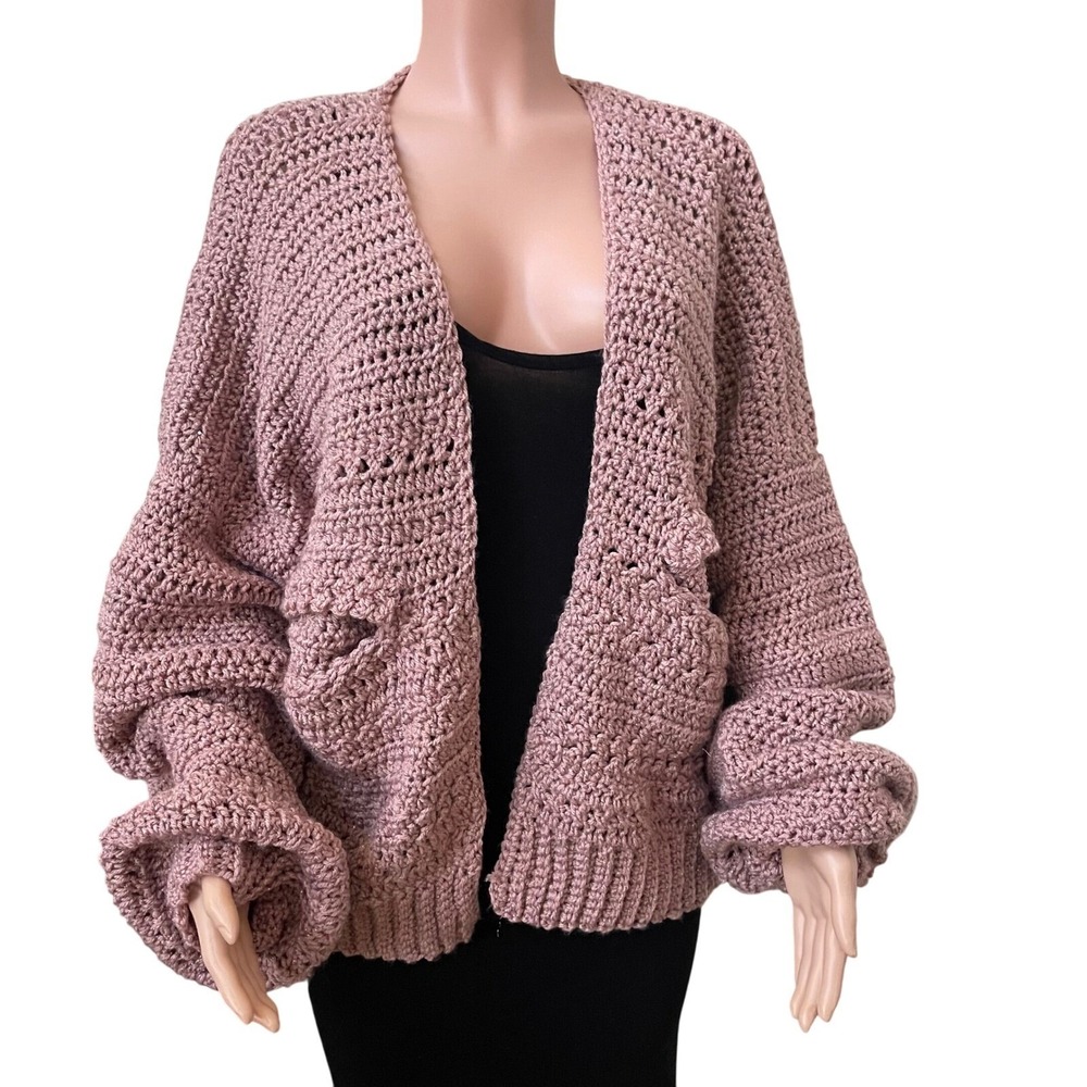 Handmade Chunky Crochet Cardigan Pink Metallic Balloon Sleeve Boho Cottagecore